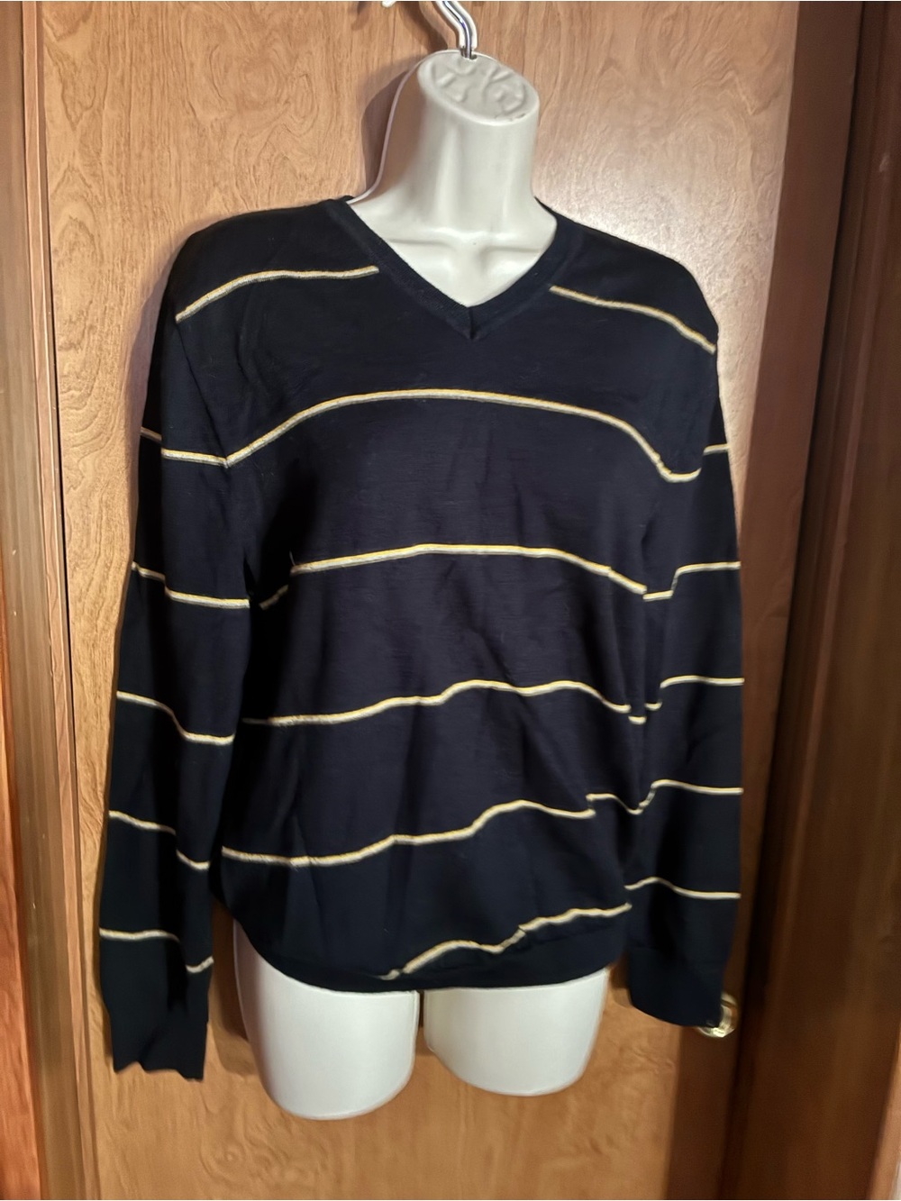 Banana Republic Navy V-Neck Sweater with Cream Stripes